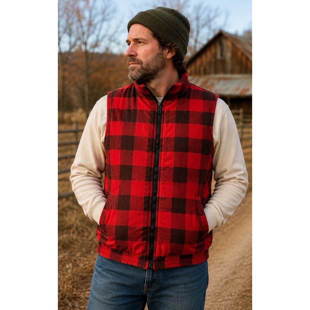Vintage Woodland Vest Mens Medium Red Black Buffalo Plaid Quilted Puffer Zip Up